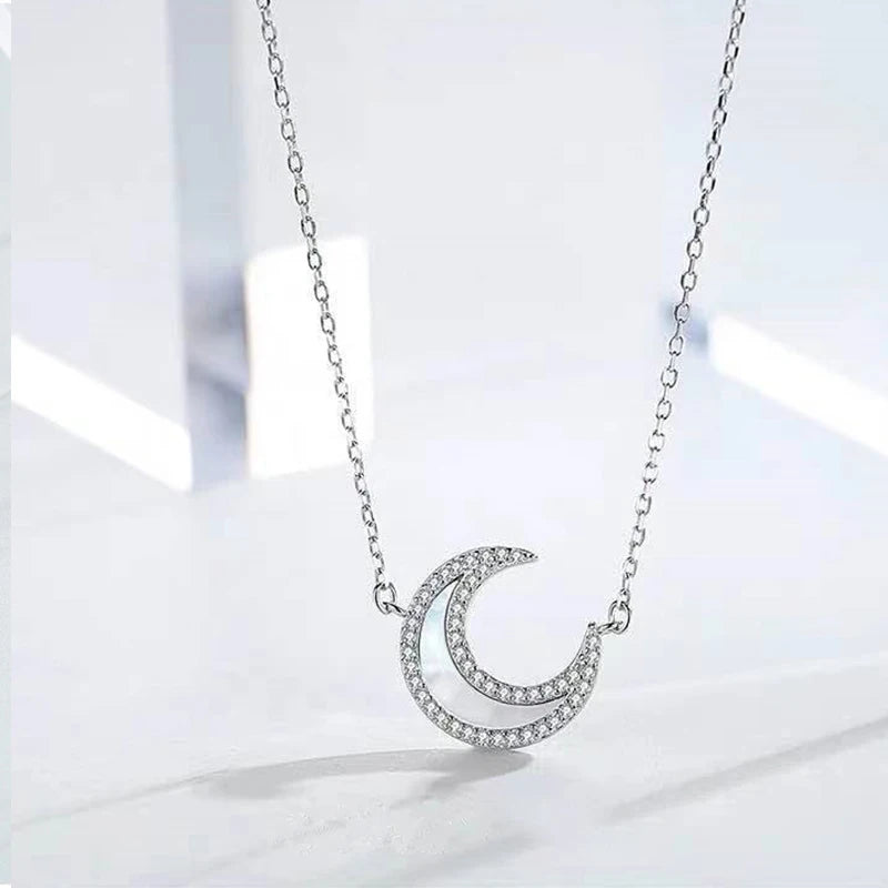 925 Silver Double-layer Clavicle Chain Moon Necklace Women's Jewelry