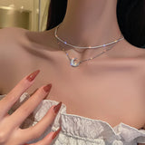 925 Silver Double-layer Clavicle Chain Moon Necklace Women's Jewelry