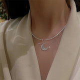 925 Silver Double-layer Clavicle Chain Moon Necklace Women's Jewelry