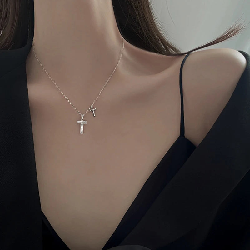 925 Silver T Necklace Zirconia Letter T Pendant Choker Party Gift