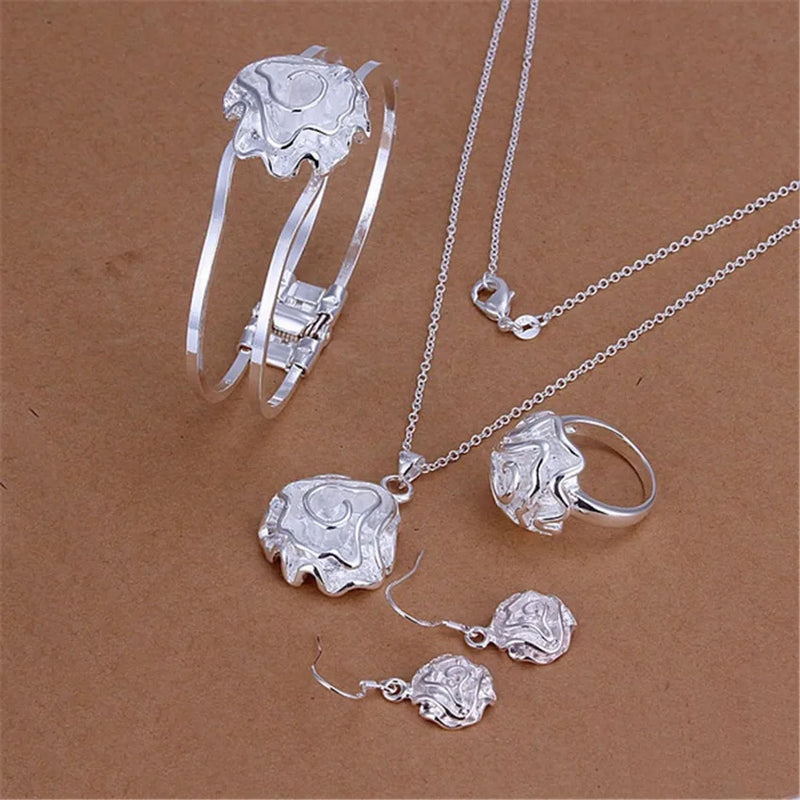925 Silver Rose Flower Jewelry Set for Women Party