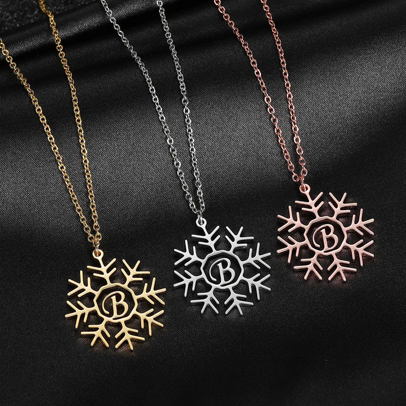 Personalized Initials Pendant Choker Necklace - Stainless Steel Snowflake