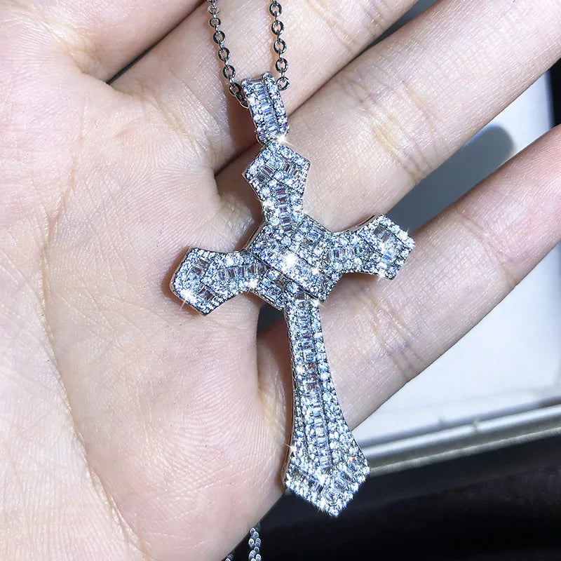 925 Silver Cross Necklace Zircon Pendant Classic Clavicle Chain Jewelry