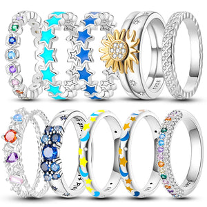 925 Silver Glow-In-The-Dark Star Moon Sun Ring