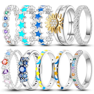 Glow in The Dark Star Moon Sun Ring 925 Silver CZ Jewelry