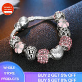 Silver Flower Beads Charm Bracelet Pink Bangle