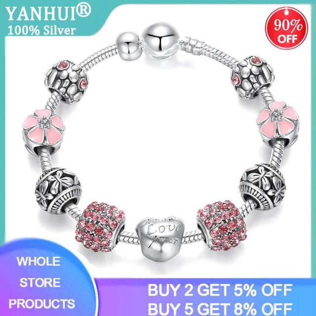 Silver Flower Beads Charm Bracelet Pink Bangle