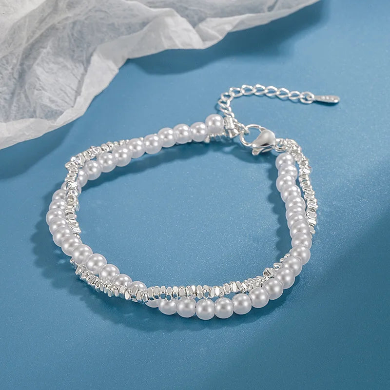 S925 Silver Pearl Bracelet Double Layer Hand Jewelry for Women