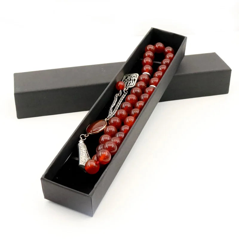 Natural Agate Gemstone Beads Rosary Muslim Misbaha Red Bracelet Pendant Box