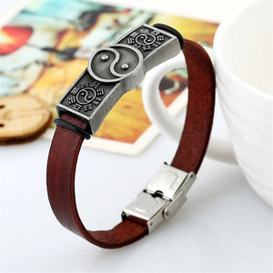 Vintage Leather Bracelet with Chinese Gossip Mirror