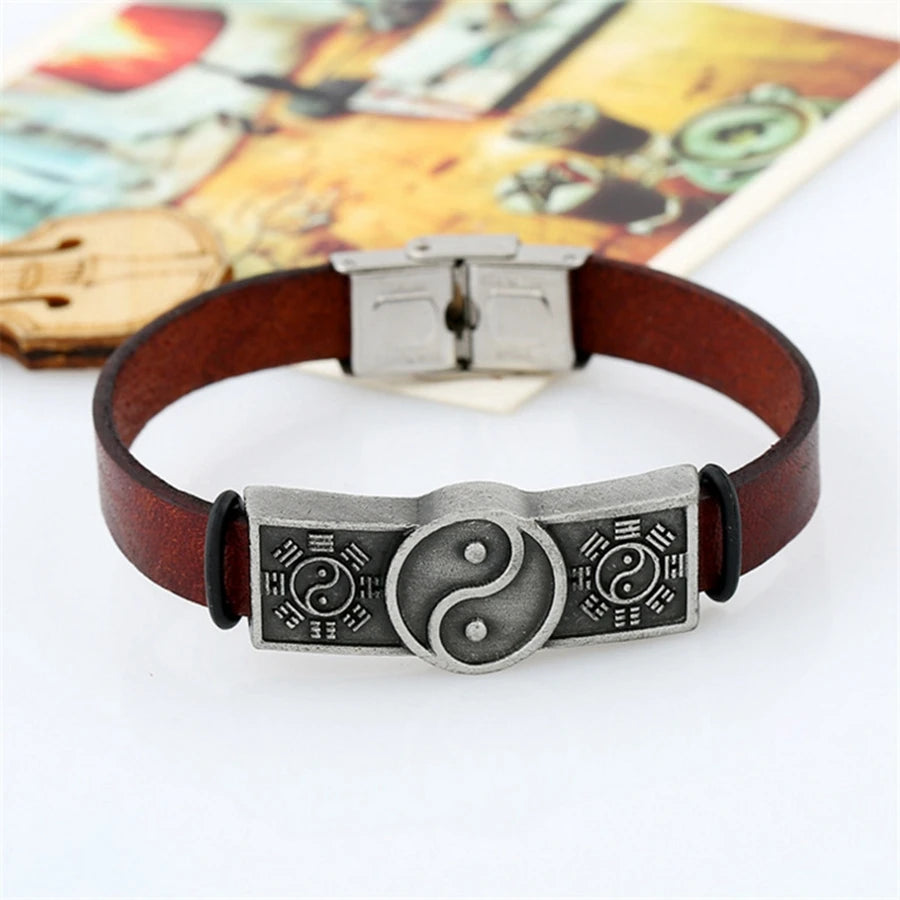 Vintage Leather Bracelet with Chinese Gossip Mirror