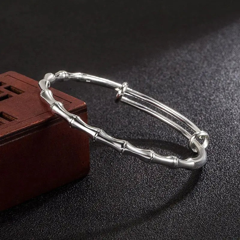 925 Silver Vintage Bamboo Bracelet Bangle Wedding Jewelry