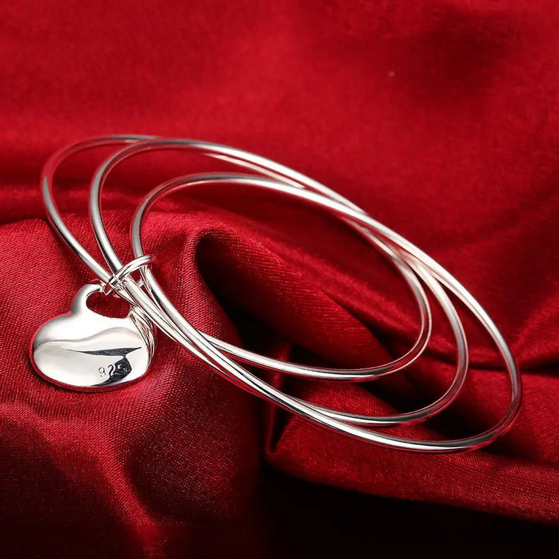 925 Sterling Silver Heart Bangle Bracelet for Women Party Jewelry