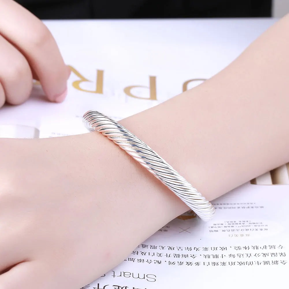 Twisted Wire Bangle 925 Silver Cuff Bracelet for Women