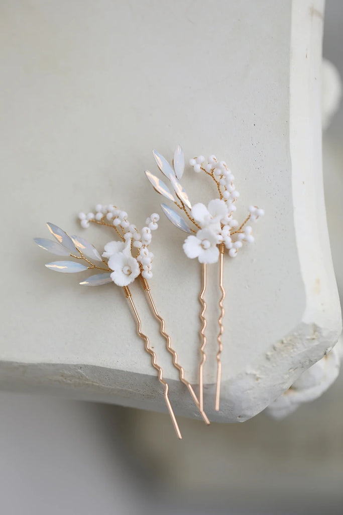 Opal Flower Hair Pins Silver Hairpins for Brides