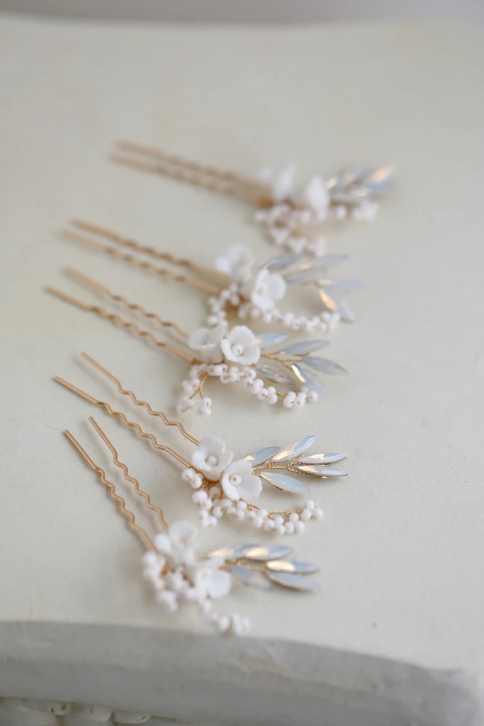 Opal Flower Hair Pins Silver Hairpins for Brides