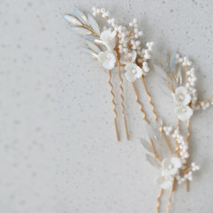 Opal Flower Hair Pins Silver Hairpins for Brides