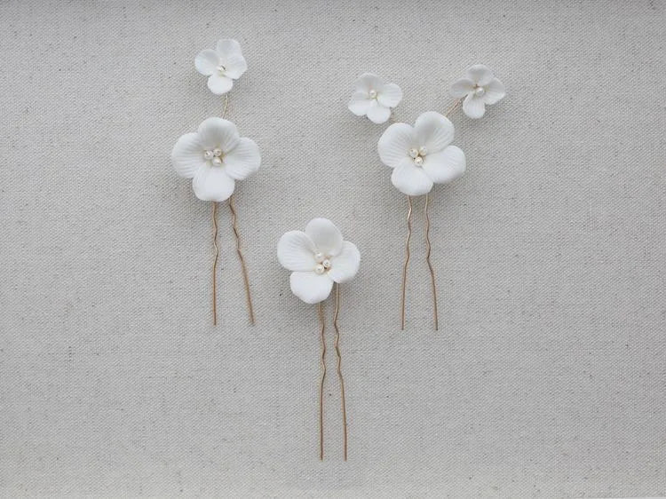 Porcelain Flower Headpieces Pearl Hairpins Wedding Bridal Accessories