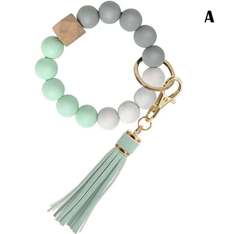 Portable House Car Keys Ring Holder Elastic Beaded Silicone Bracelet Bangle