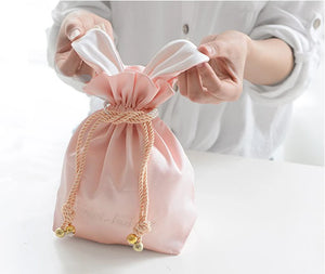 Silk Rabbit Ear Drawstring Women's Cosmetic Bag with Fur Ball