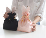 Silk Rabbit Ear Drawstring Women's Cosmetic Bag with Fur Ball