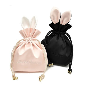 Silk Rabbit Ear Drawstring Women's Cosmetic Bag with Fur Ball