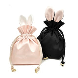 Silk Rabbit Ear Drawstring Women's Cosmetic Bag with Fur Ball