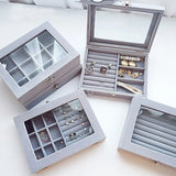 Velvet Jewelry Boxes with Glass Cover Organizer Earring Storage