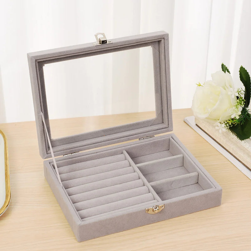 Velvet Jewelry Boxes with Glass Cover Organizer Earring Storage