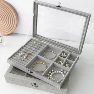 Velvet Jewelry Boxes with Glass Cover Organizer Earring Storage
