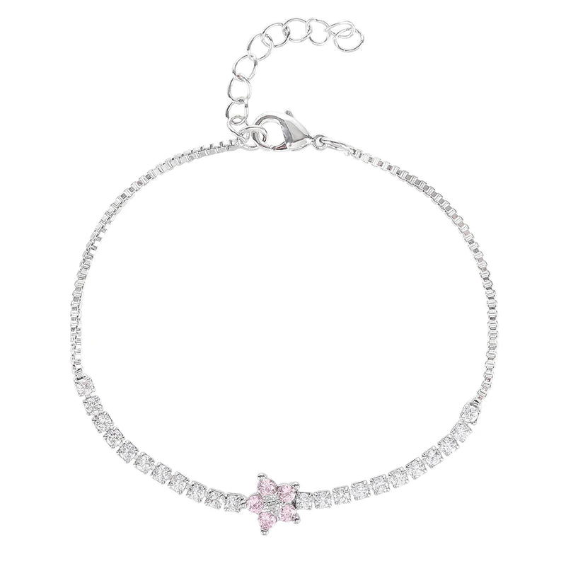 925 Silver Flower Tennis Bracelet CZ 18K Plated for Women
