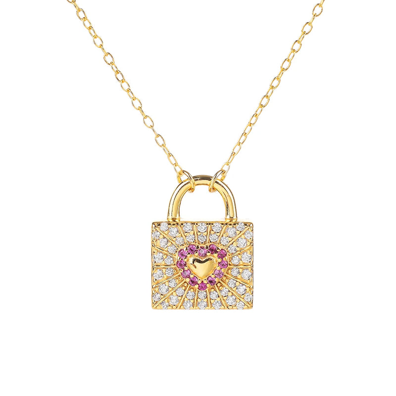 Heart Lock Chain Necklace Cubic Zirconia Pendant S925 925 Sterling Silver