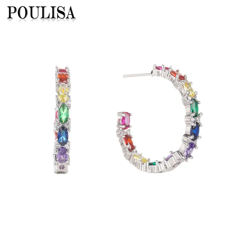 Colorful Gemstone Oval CZ Hoop Earrings for Women
