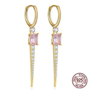 Pink CZ Drop Earrings 925 Silver Hoop Dangle Ear Rings