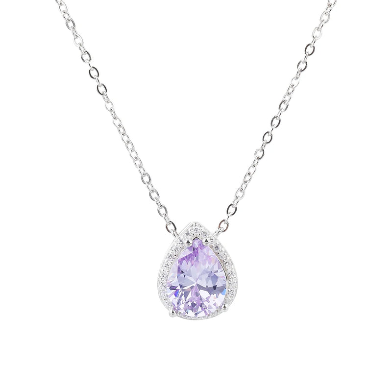 Purple Crystal Water Drop Necklace Zirconia S925 18K Plated Pendant