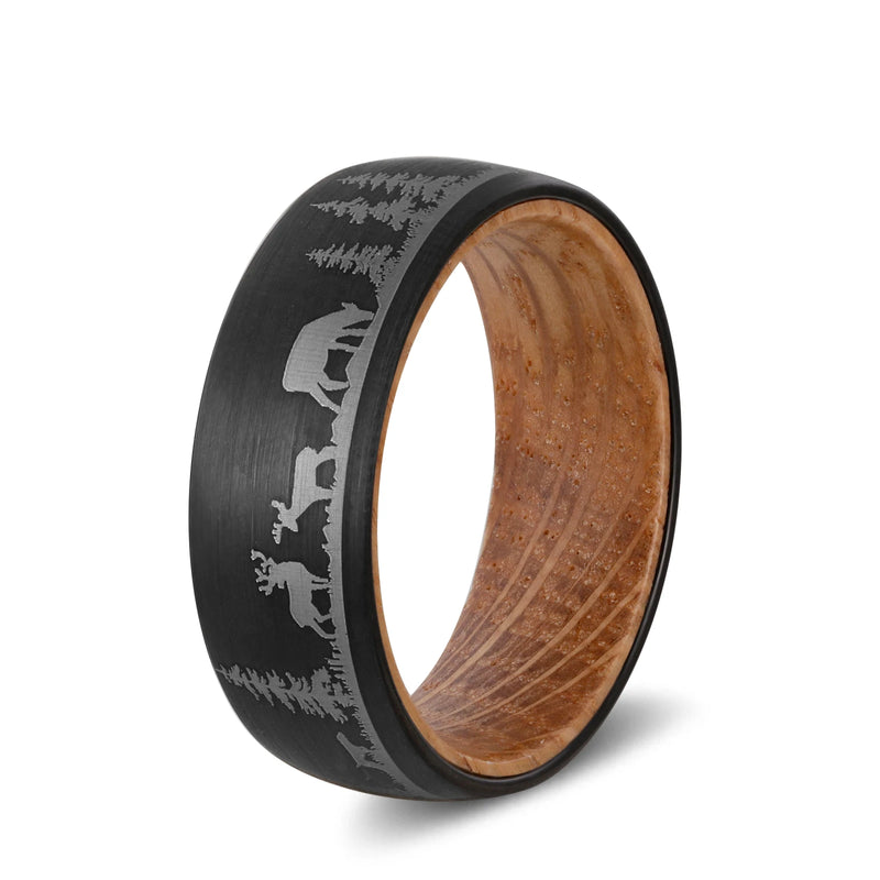 8mm Deer Cow Tree Tungsten Carbide Wedding Band with Wood Liner