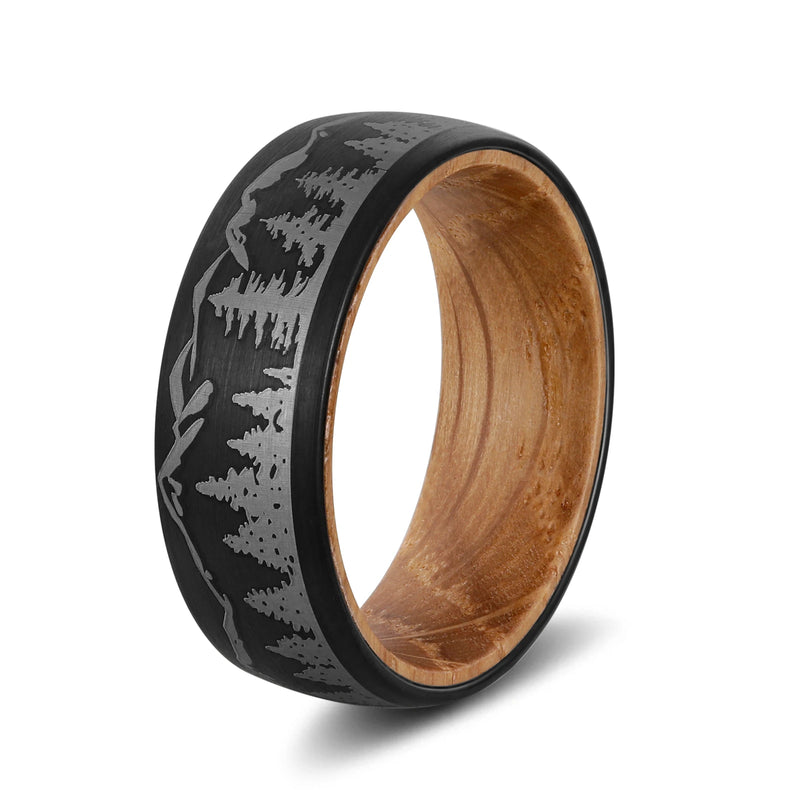 Poya 8mm Whiskey Barrel Wood Sleeve Forest Tree Lasered Tungsten Couple Ring