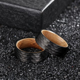 Poya Mens Whiskey Barrel Wood Hammered Tungsten Ring