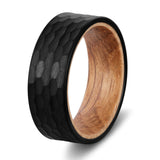 Poya Mens Whiskey Barrel Wood Hammered Tungsten Ring