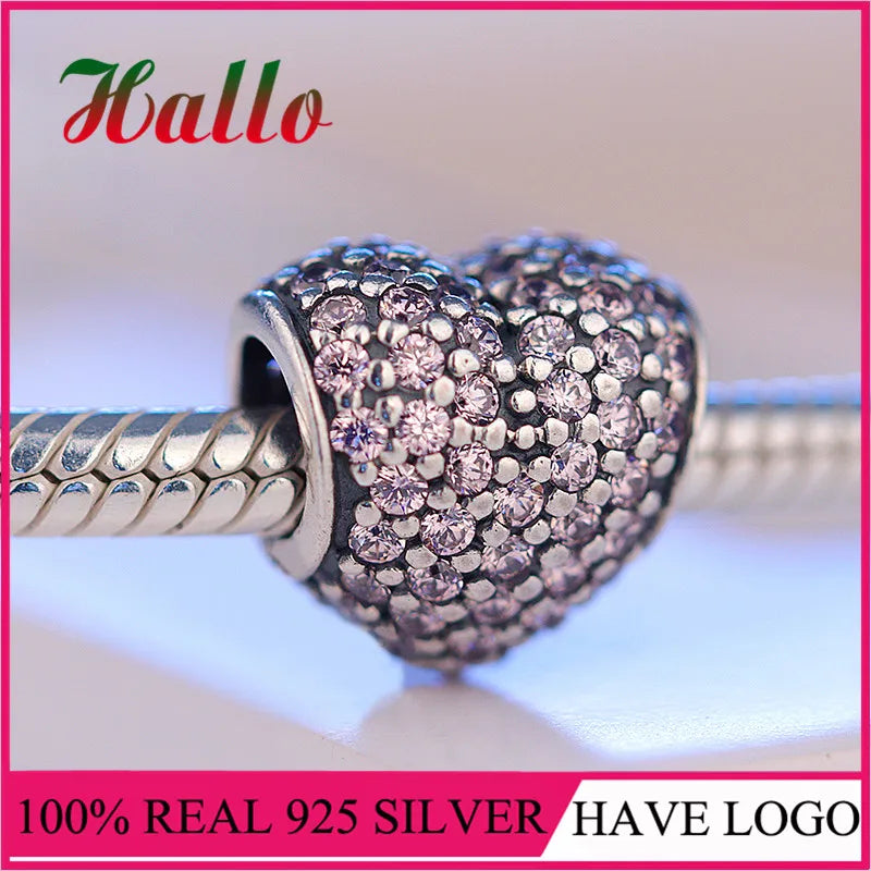 925 Sterling Silver Pink Pave Heart Charm Bead