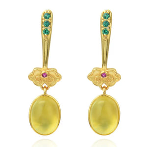 Prehnite Earrings Gemstones 925 Silver Oval Golden Yellow Clouds Women's Earring