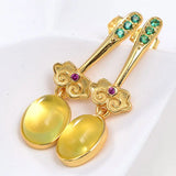 Prehnite Earrings Gemstones 925 Silver Oval Golden Yellow Clouds Women's Earring