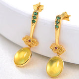 Prehnite Earrings Gemstones 925 Silver Oval Golden Yellow Clouds Women's Earring