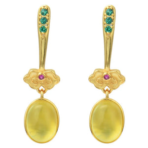 Prehnite Earrings Gemstones 925 Silver Oval Golden Yellow Clouds Women's Earring