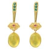 Prehnite Earrings Gemstones 925 Silver Oval Golden Yellow Clouds Women's Earring