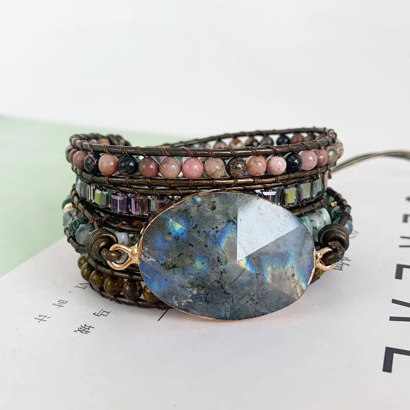 Labradorite Leather Wrap Bracelet Boho Statement