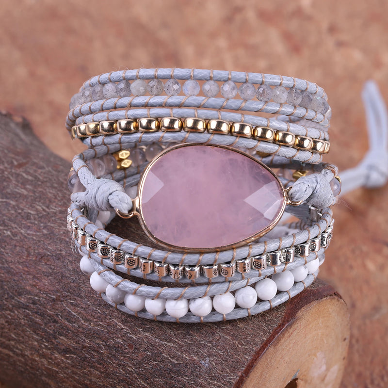 Wrap Bracelet Natural Stones Cozy Vegan Cord Weaving Statement Bracelet
