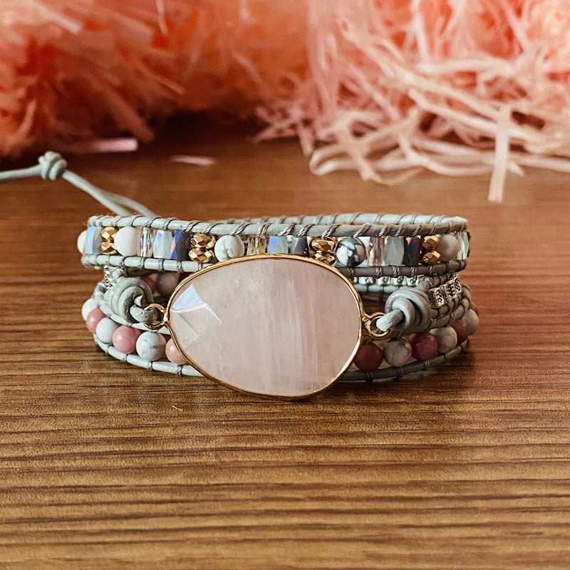 Wrap Bracelet With Natural Stone Boho Pink Bracelet