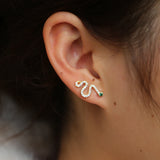 925 Sterling Silver Snake Earrings with Micro Pave CZ Eye and Green Stone