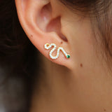 925 Sterling Silver Snake Earrings with Micro Pave CZ Eye and Green Stone